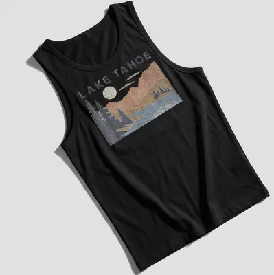 Vintage distressed print of Lake Tahoe mountains and lake scenery with the text 'LAKE TAHOE' — printed on a tank top