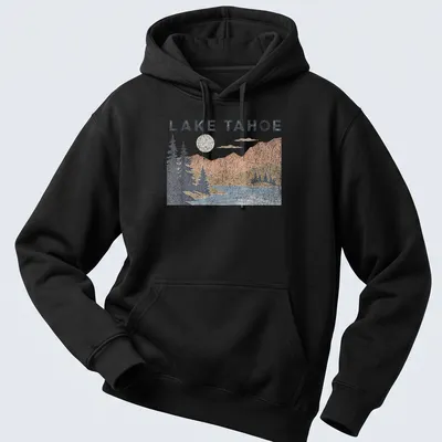 Vintage distressed print of Lake Tahoe mountains and lake scenery with the text 'LAKE TAHOE' — printed on a unisex hoodie