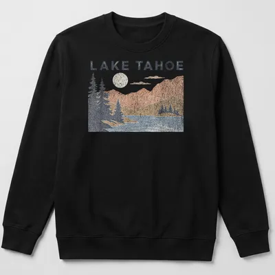 Vintage distressed print of Lake Tahoe mountains and lake scenery with the text 'LAKE TAHOE' — printed on a unisex sweatshirt