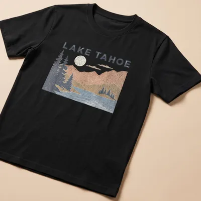 Vintage distressed print of Lake Tahoe mountains and lake scenery with the text 'LAKE TAHOE'