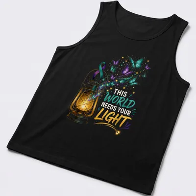 Colorful illustration of a lantern with butterflies and the text 'This World Needs Your Light' — printed on a tank top