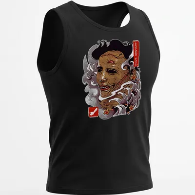 Vintage horror t-shirt featuring Leather Face graphic in brown, white, red, and gray — printed on a tank top