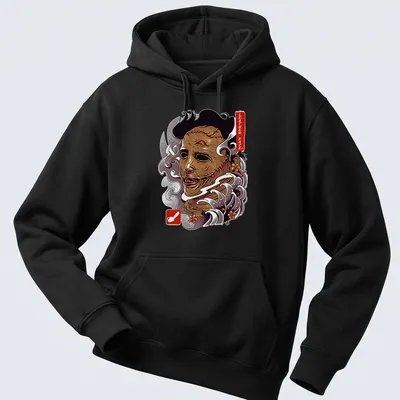 Vintage horror t-shirt featuring Leather Face graphic in brown, white, red, and gray — printed on a unisex hoodie