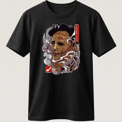 Vintage horror t-shirt featuring Leather Face graphic in brown, white, red, and gray