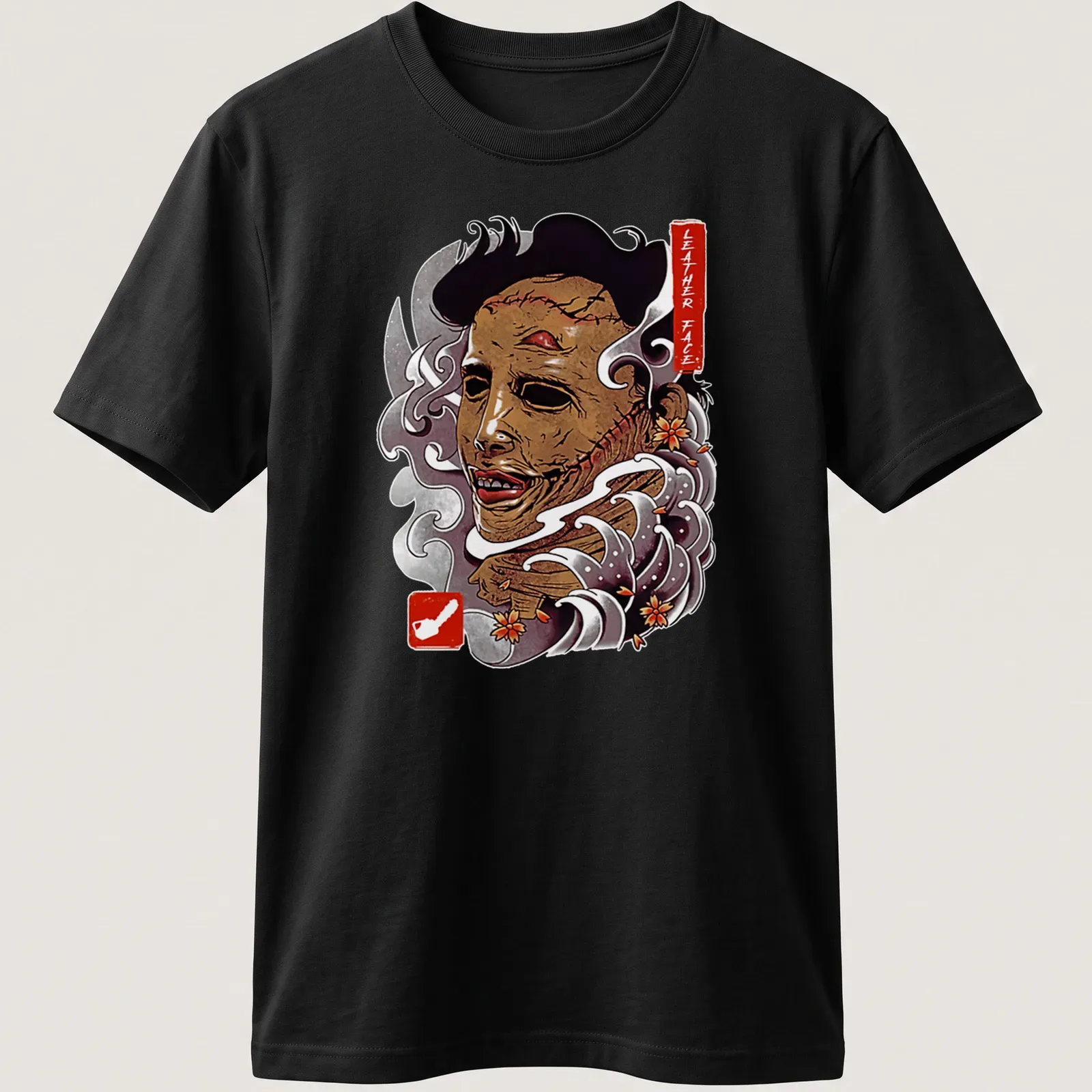 Vintage horror t-shirt featuring Leather Face graphic in brown, white, red, and gray — printed on a unisex t-shirt