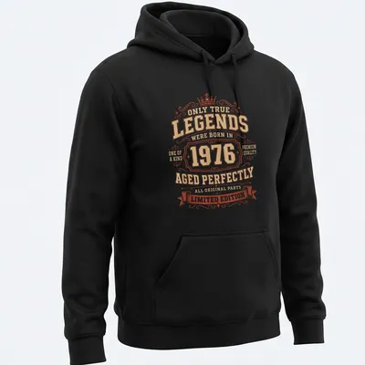 Vintage distressed tee with text about legends born in 1976 and their age. — printed on a unisex hoodie