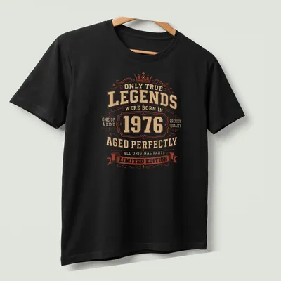 Vintage distressed tee with text about legends born in 1976 and their age. — printed on a unisex t-shirt (angled view)