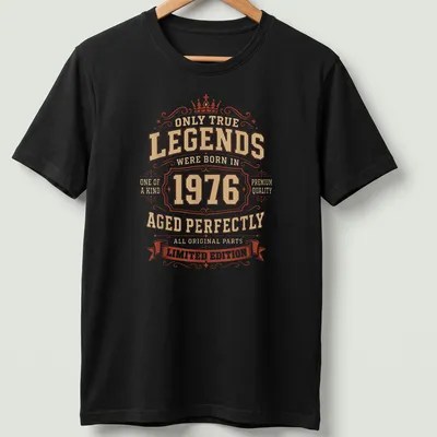 Vintage distressed tee with text about legends born in 1976 and their age.
