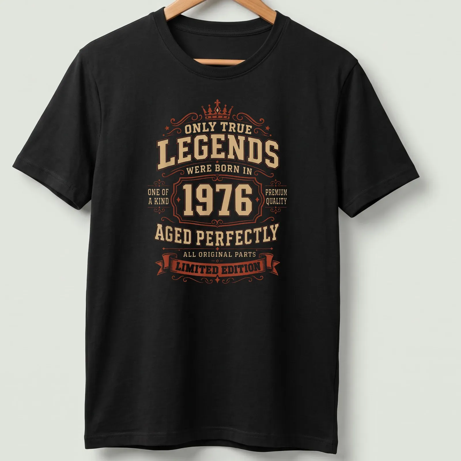 Vintage distressed tee with text about legends born in 1976 and their age. — printed on a unisex t-shirt