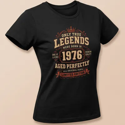 Vintage distressed tee with text about legends born in 1976 and their age. — printed on a women's shirt
