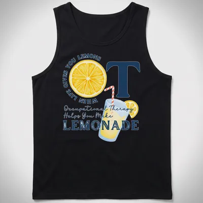 Colorful t-shirt with playful lemonade and lemons design and motivational text — printed on a tank top