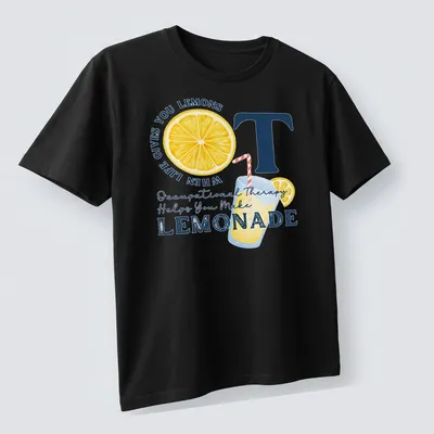 Colorful t-shirt with playful lemonade and lemons design and motivational text — printed on a unisex t-shirt (angled view)