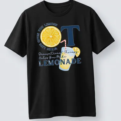 Colorful t-shirt with playful lemonade and lemons design and motivational text
