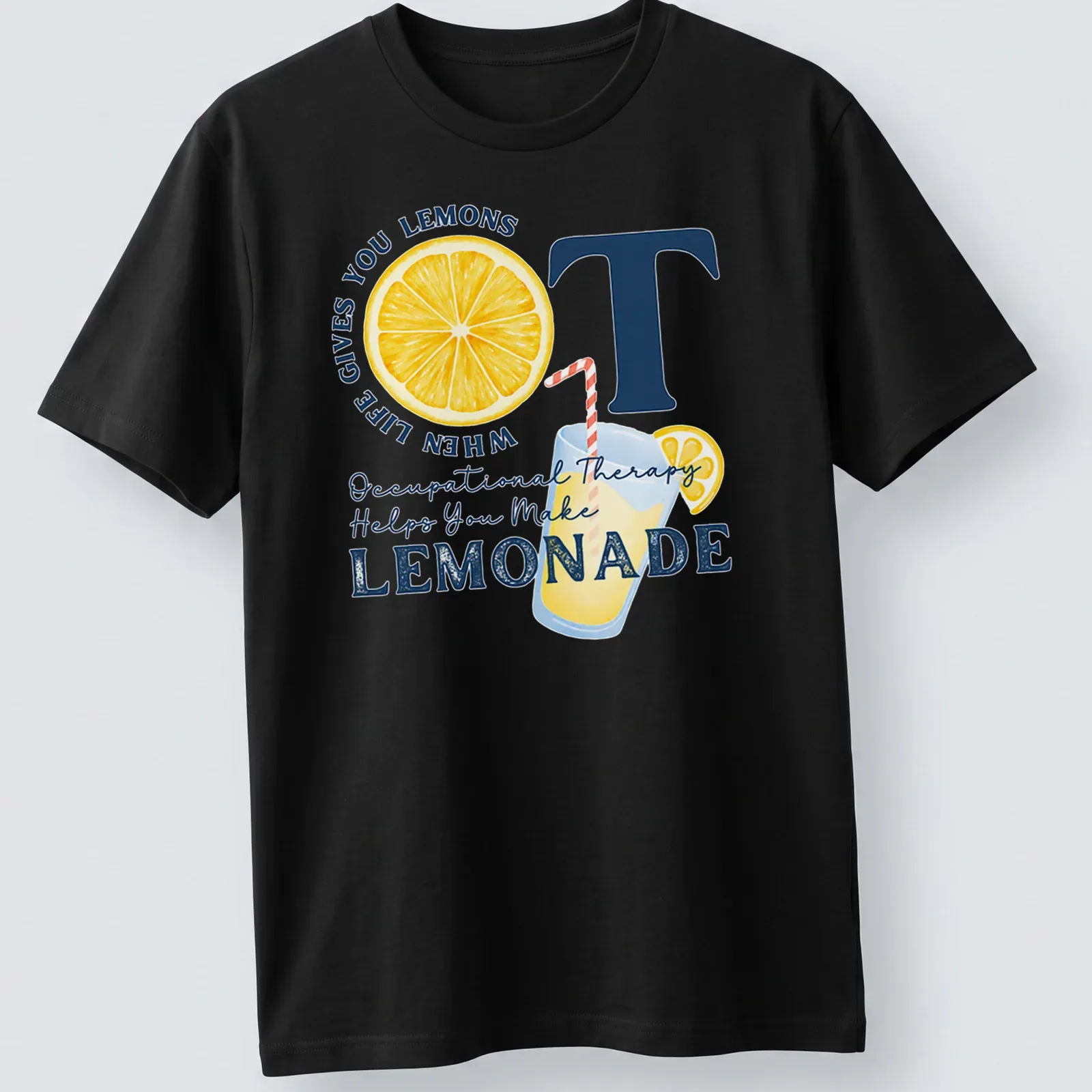 Colorful t-shirt with playful lemonade and lemons design and motivational text — printed on a unisex t-shirt