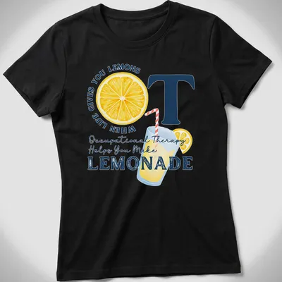 Colorful t-shirt with playful lemonade and lemons design and motivational text — printed on a women's shirt