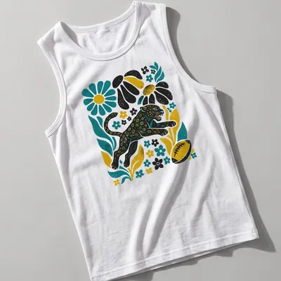 Retro floral leopard football graphic t-shirt in black, teal, yellow, and white — printed on a tank top