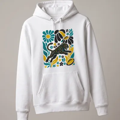 Retro floral leopard football graphic t-shirt in black, teal, yellow, and white — printed on a unisex hoodie