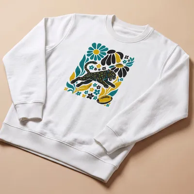Retro floral leopard football graphic t-shirt in black, teal, yellow, and white — printed on a unisex sweatshirt