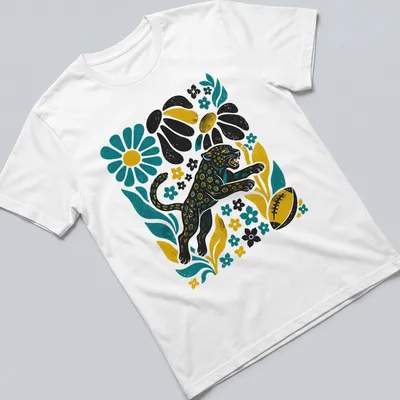 Retro floral leopard football graphic t-shirt in black, teal, yellow, and white
