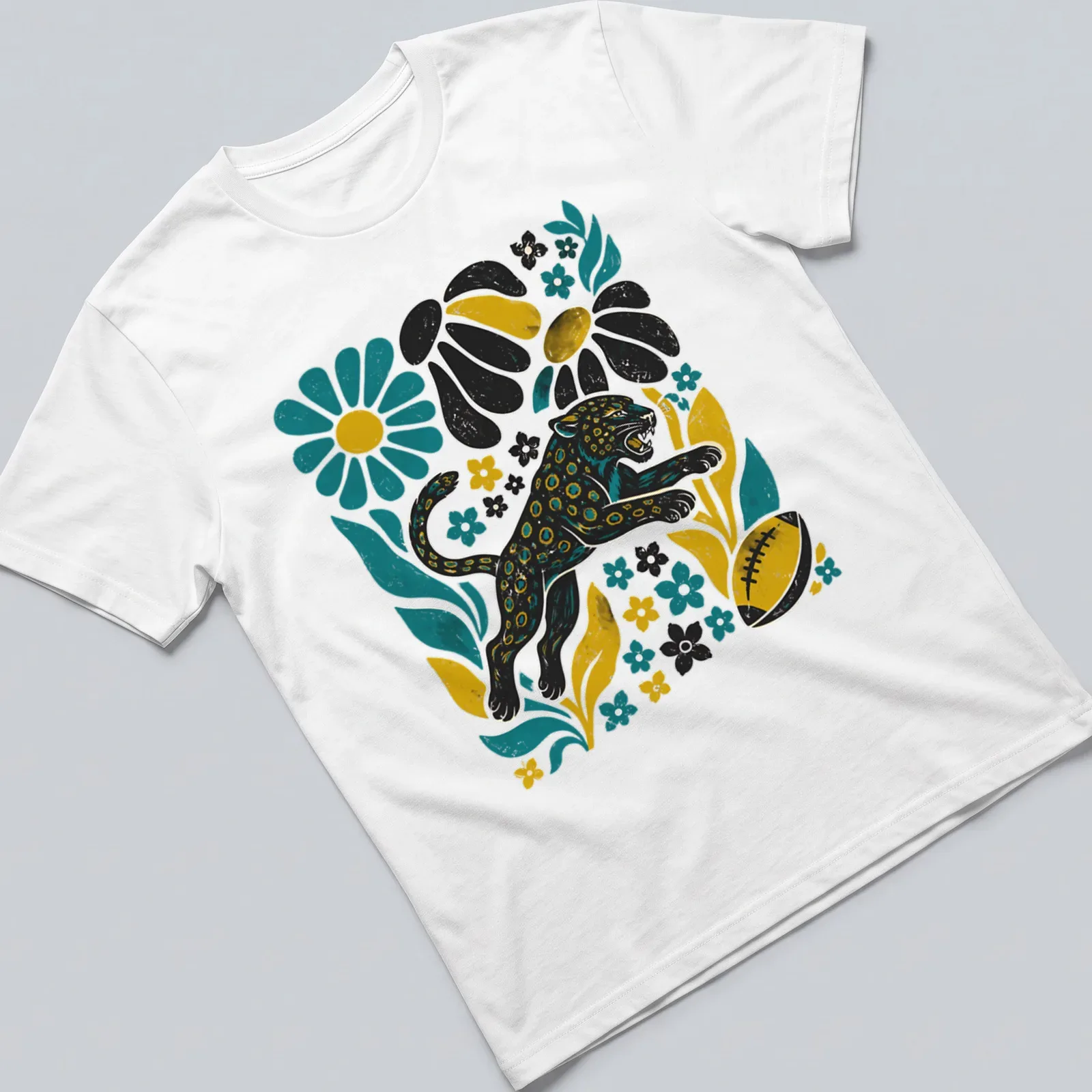 Retro floral leopard football graphic t-shirt in black, teal, yellow, and white — printed on a unisex t-shirt
