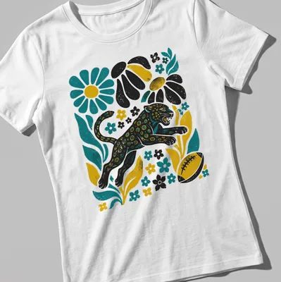 Retro floral leopard football graphic t-shirt in black, teal, yellow, and white — printed on a women's shirt