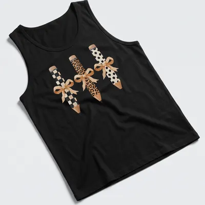 Coquette style t-shirt featuring pencils with bows in leopard and pastel colors — printed on a tank top