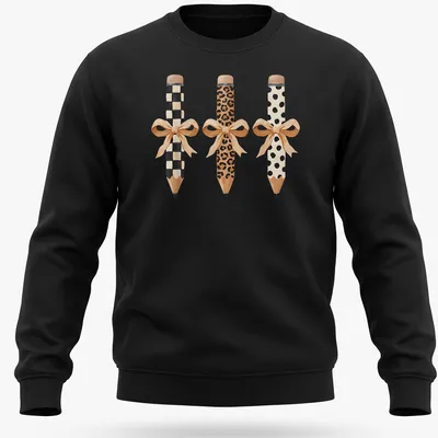 Coquette style t-shirt featuring pencils with bows in leopard and pastel colors — printed on a unisex sweatshirt