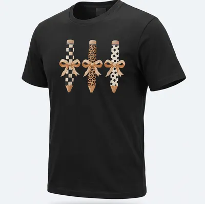 Coquette style t-shirt featuring pencils with bows in leopard and pastel colors
