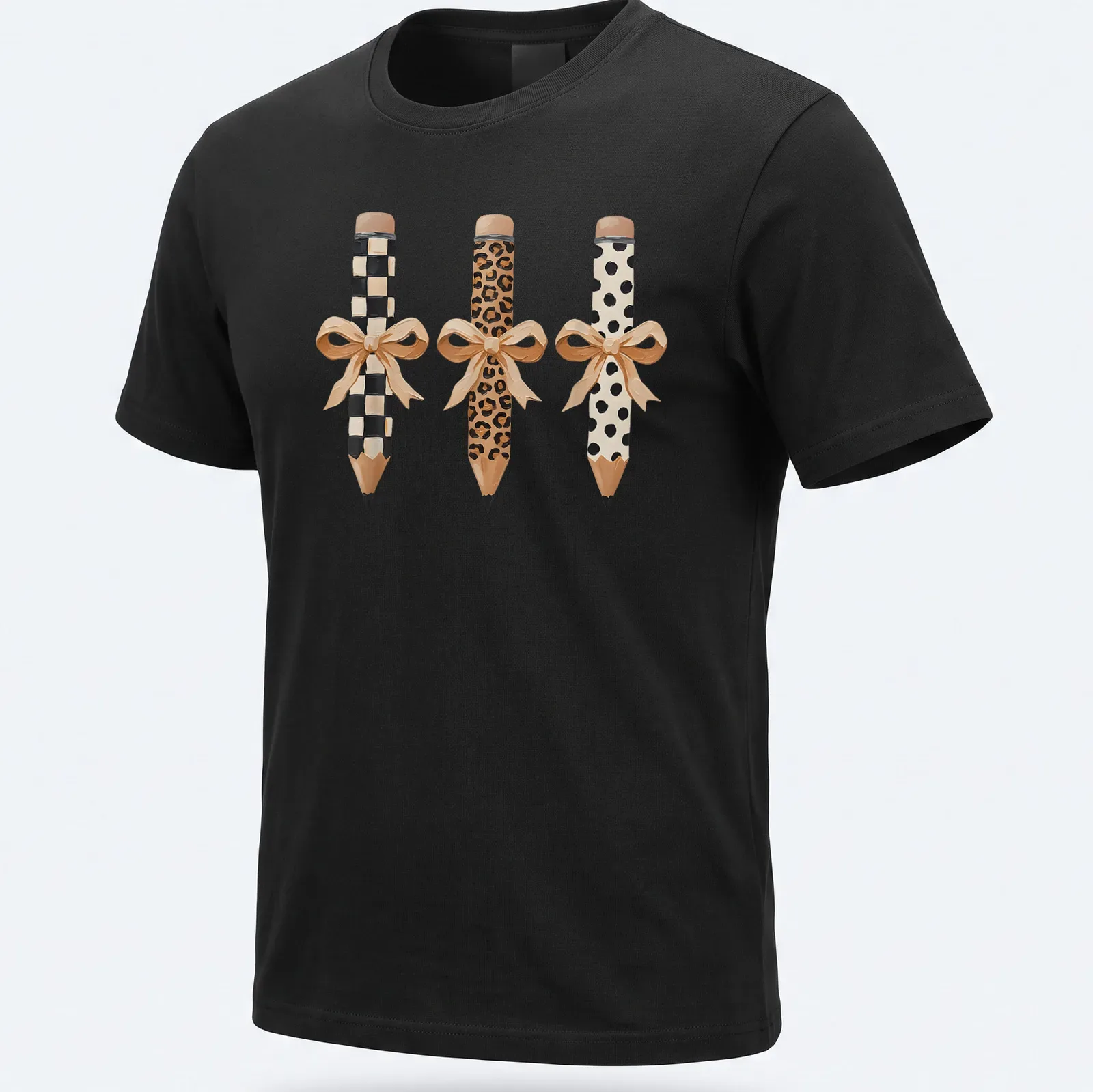Coquette style t-shirt featuring pencils with bows in leopard and pastel colors — printed on a unisex t-shirt
