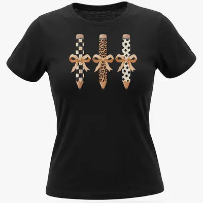 Coquette style t-shirt featuring pencils with bows in leopard and pastel colors — printed on a women's shirt