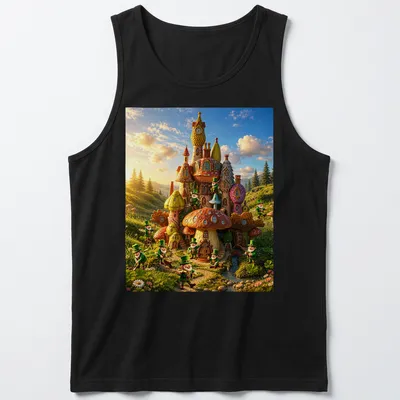 Vibrant leprechaun village graphic with rainbow colors — printed on a tank top