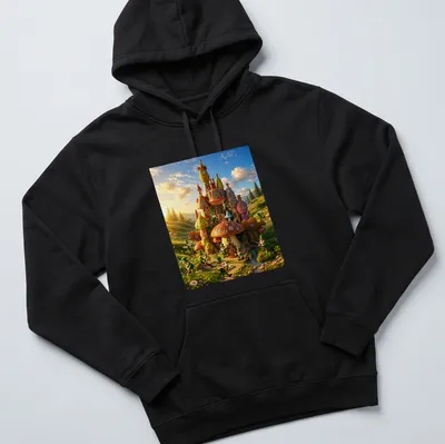 Vibrant leprechaun village graphic with rainbow colors — printed on a unisex hoodie