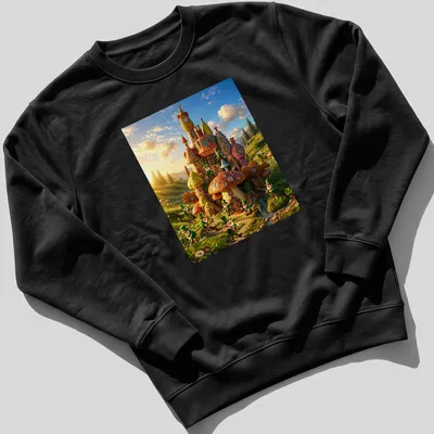 Vibrant leprechaun village graphic with rainbow colors — printed on a unisex sweatshirt