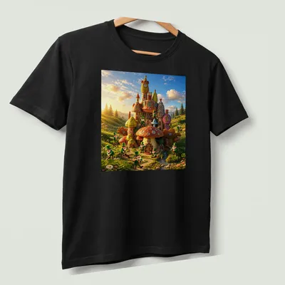 Vibrant leprechaun village graphic with rainbow colors — printed on a unisex t-shirt (angled view)