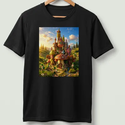 Vibrant leprechaun village graphic with rainbow colors