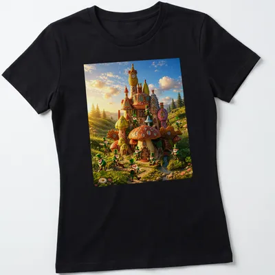 Vibrant leprechaun village graphic with rainbow colors — printed on a women's shirt