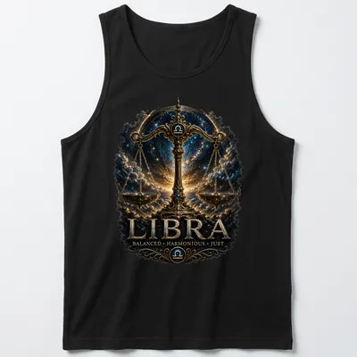 Ornate Libra Zodiac shirt featuring golden scales of justice on a celestial backdrop — printed on a tank top