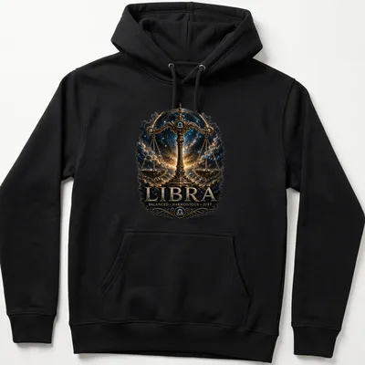 Ornate Libra Zodiac shirt featuring golden scales of justice on a celestial backdrop — printed on a unisex hoodie