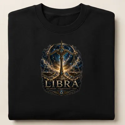 Ornate Libra Zodiac shirt featuring golden scales of justice on a celestial backdrop — printed on a unisex sweatshirt