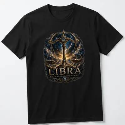 Ornate Libra Zodiac shirt featuring golden scales of justice on a celestial backdrop