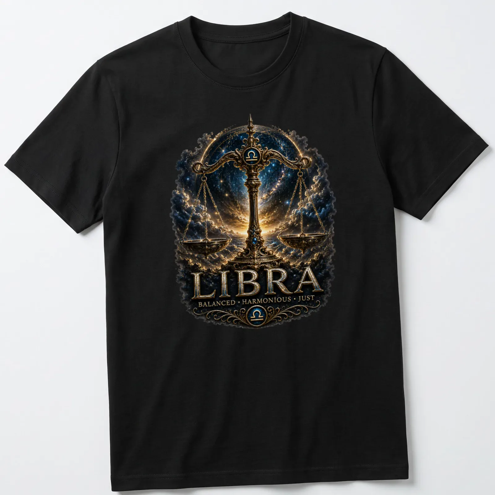 Ornate Libra Zodiac shirt featuring golden scales of justice on a celestial backdrop — printed on a unisex t-shirt