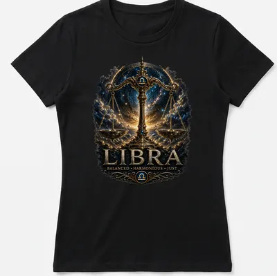 Ornate Libra Zodiac shirt featuring golden scales of justice on a celestial backdrop — printed on a women's shirt