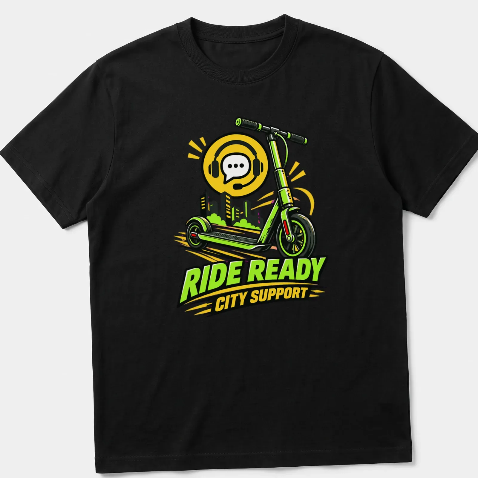 Bold comic style Lime Scooter Ride Ready City Support t-shirt with vibrant colors — printed on a unisex t-shirt
