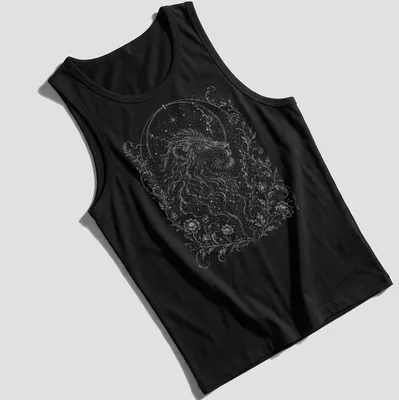 Astrological illustration of a lion representing the Leo zodiac sign in white and light gray. — printed on a tank top