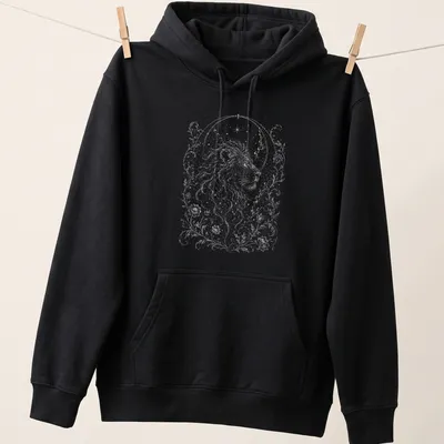 Astrological illustration of a lion representing the Leo zodiac sign in white and light gray. — printed on a unisex hoodie