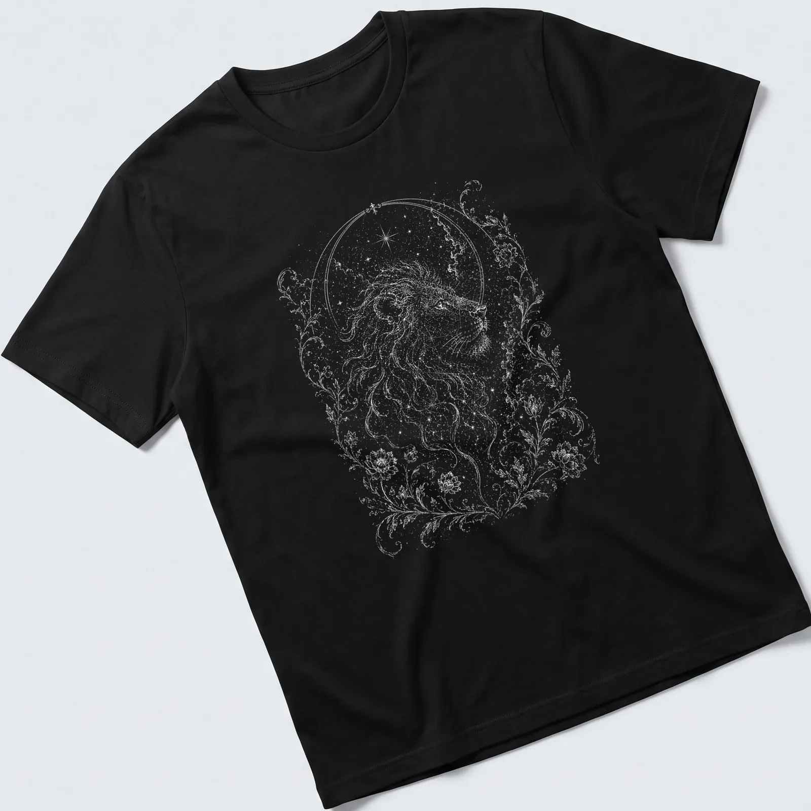 Astrological illustration of a lion representing the Leo zodiac sign in white and light gray. — printed on a unisex t-shirt