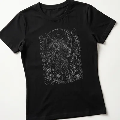 Astrological illustration of a lion representing the Leo zodiac sign in white and light gray. — printed on a women's shirt
