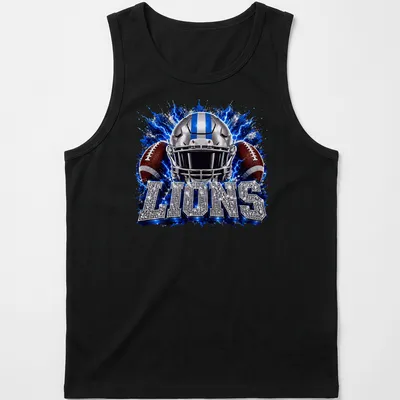 Sparkle graphic of a Lions football helmet with bold lettering — printed on a tank top