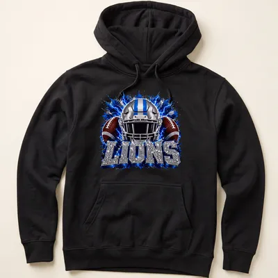 Sparkle graphic of a Lions football helmet with bold lettering — printed on a unisex hoodie