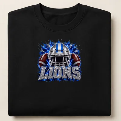 Sparkle graphic of a Lions football helmet with bold lettering — printed on a unisex sweatshirt
